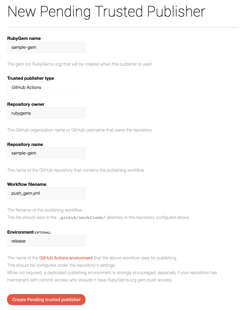 Pending trusted publisher creation form with values filled in